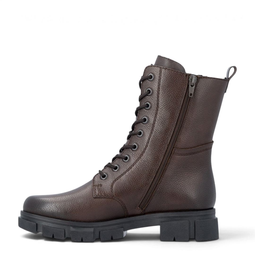 ada-shoes.ro Rieker dark brown combat boots with lace-up front, side zipper, and thick lug sole for winter comfort