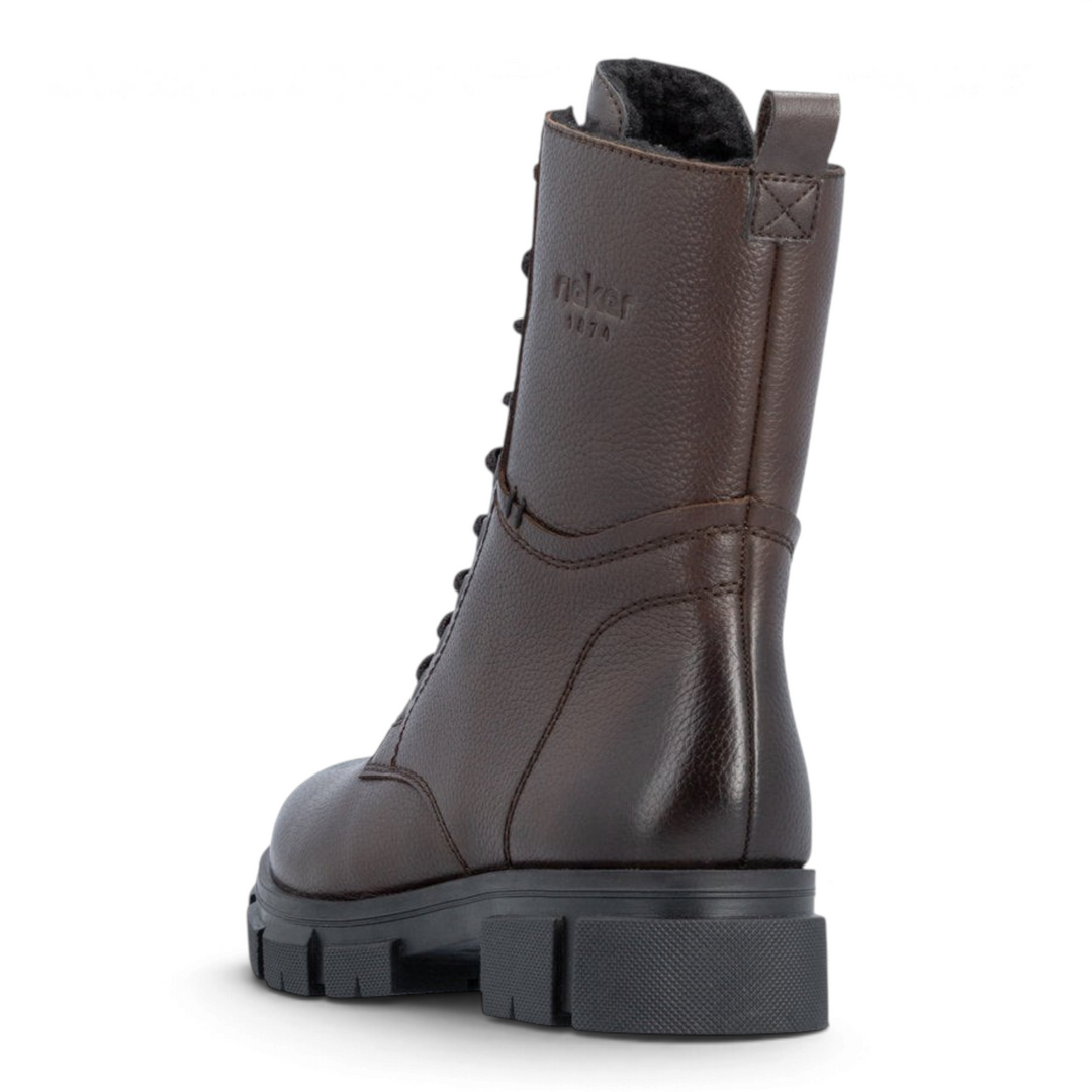 ada-shoes.ro Rieker dark brown combat boots with lace-up design, thick lug sole, and warm synthetic fur lining