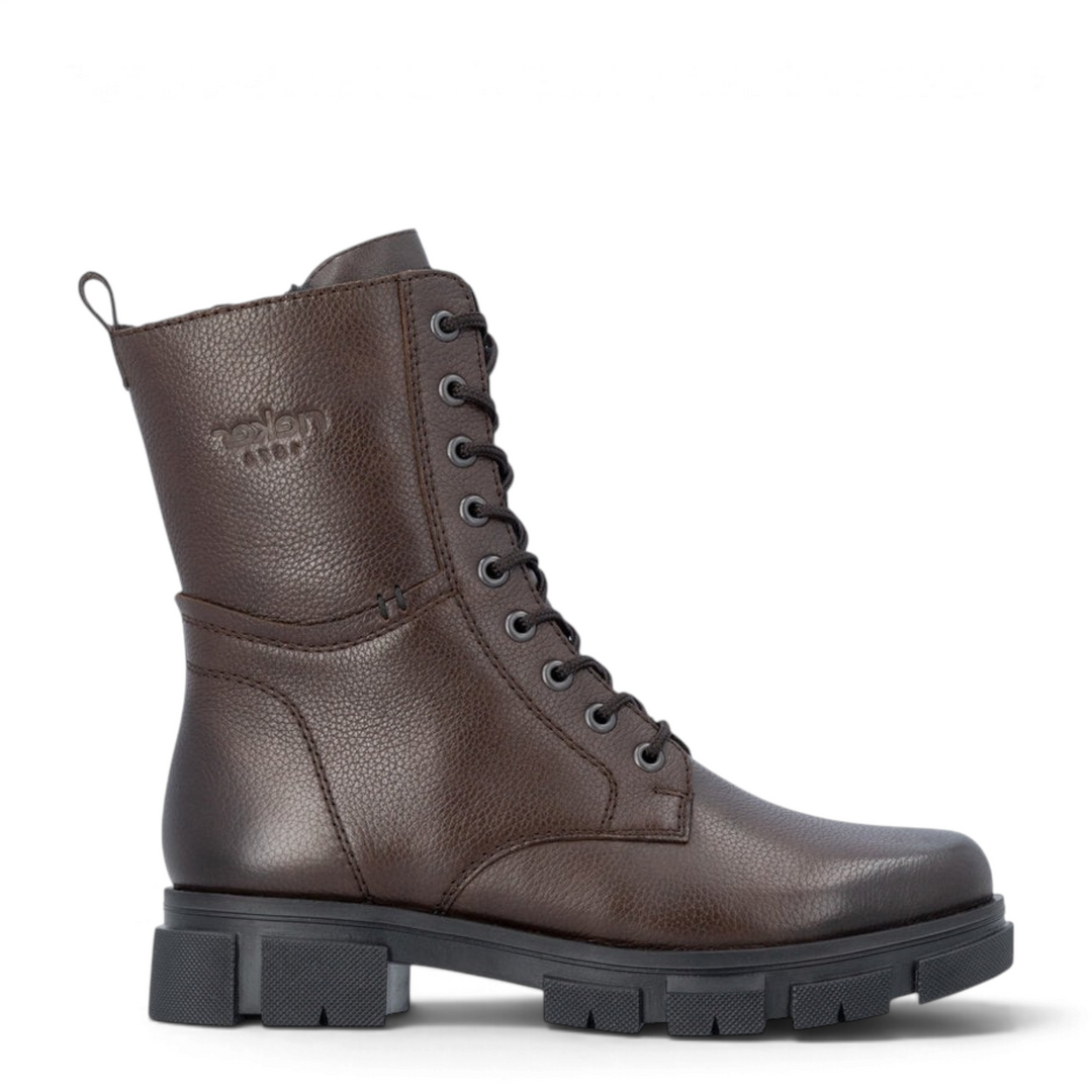 ada-shoes.ro Rieker dark brown faux leather combat boots with lace-up front, side zipper, and thick lug sole