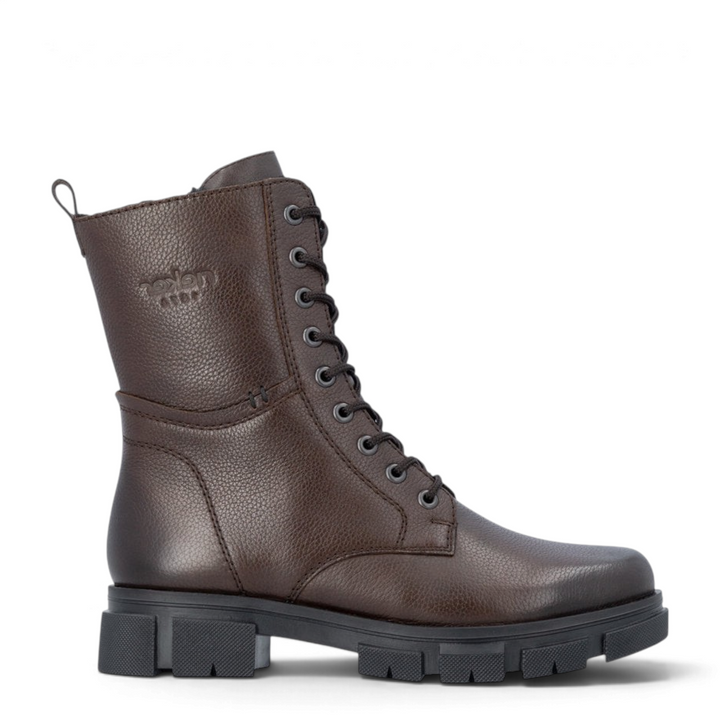 ada-shoes.ro Rieker dark brown faux leather combat boots with lace-up front, side zipper, and thick lug sole