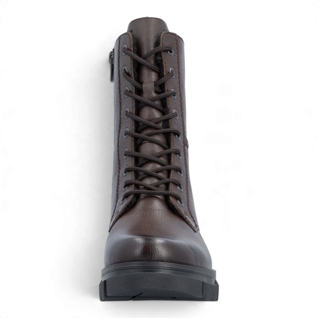 ada-shoes.ro Rieker dark brown combat boots with lace-up front, thick lug sole, and side zipper for easy wear.
