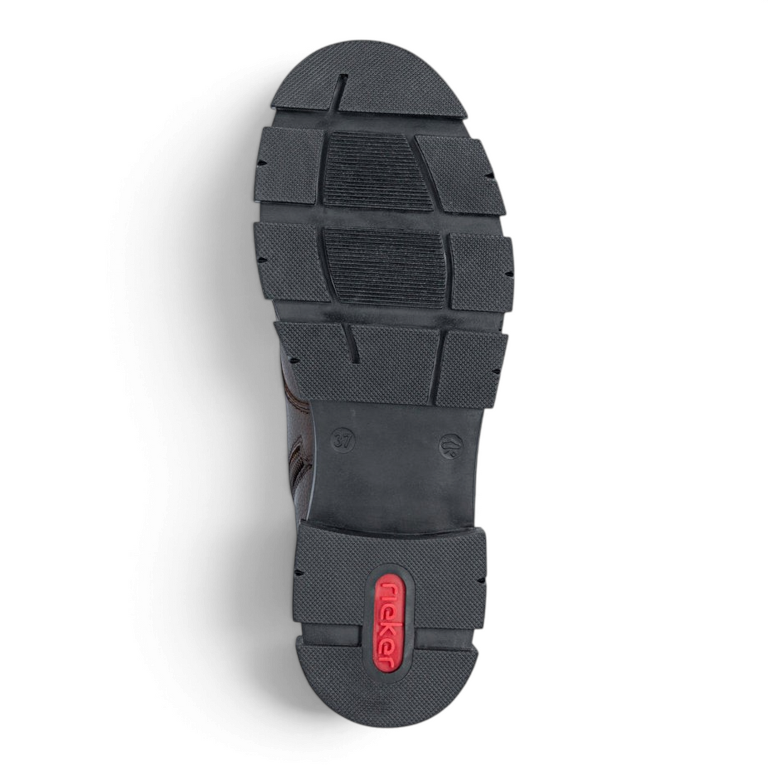 ada-shoes.ro Rieker dark brown boot sole with deep tread pattern and red logo detail for anti-slip traction