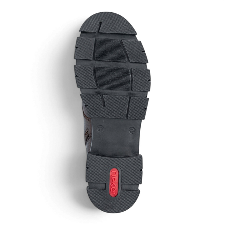 ada-shoes.ro Rieker dark brown boot sole with deep tread pattern and red logo detail for anti-slip traction