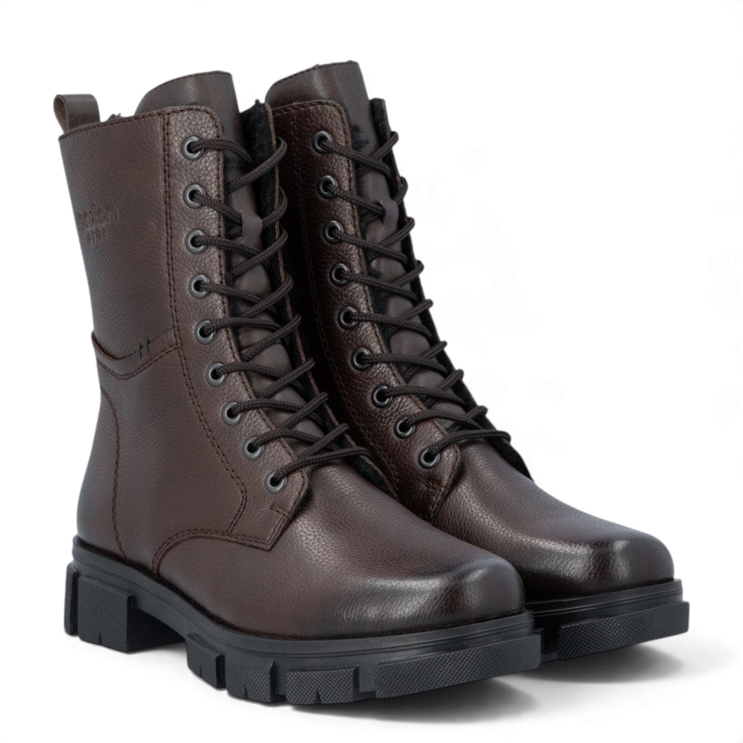 ada-shoes.ro Rieker dark brown faux leather combat boots with thick lug sole and lace-up front detail