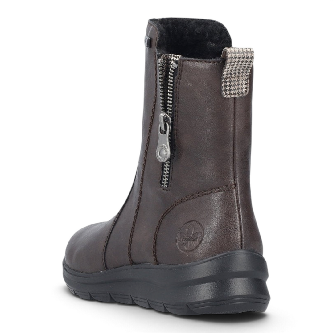 ada-shoes.ro Rieker dark brown ankle boots with riekerTEX membrane, decorative side zipper, and pepita heel detail.