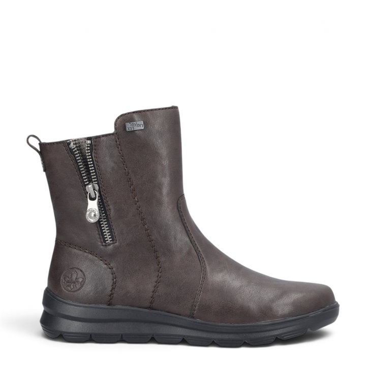 ada-shoes.ro Rieker dark brown ankle boots with riekerTEX membrane, decorative side zipper, and Antistress sole.