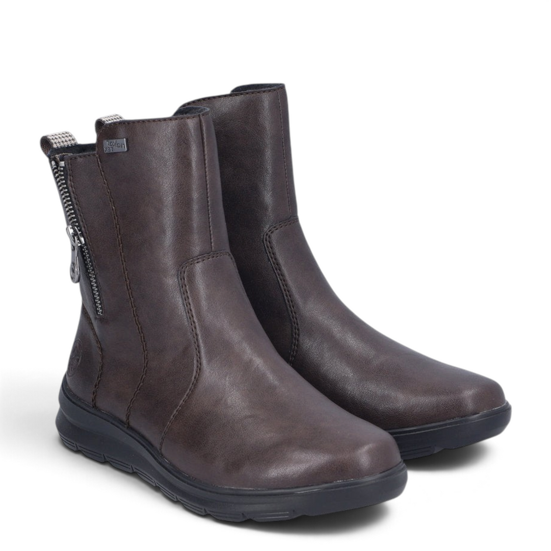 ada-shoes.ro Rieker brown ankle boots with riekerTEX membrane, decorative side zipper, and Antistress sole.
