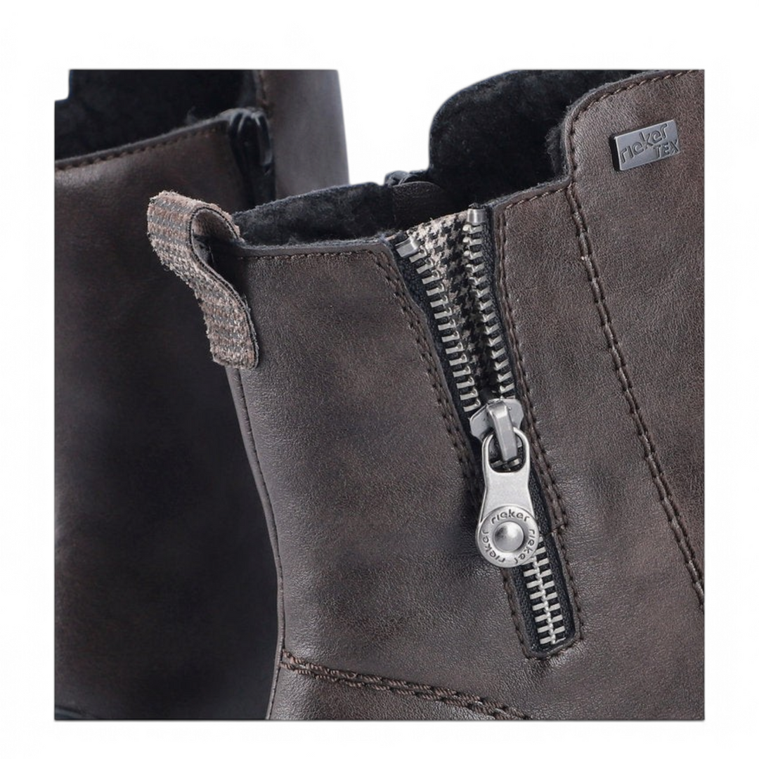 ada-shoes.ro Rieker dark brown ankle boots with riekerTEX membrane, decorative side zipper, and pepita heel detail