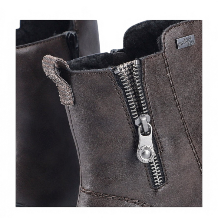 ada-shoes.ro Rieker dark brown ankle boots with riekerTEX membrane, decorative side zipper, and pepita heel detail