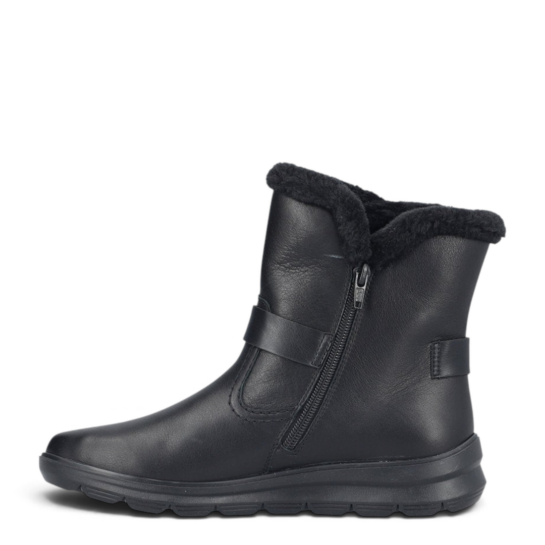 ada-shoes.ro Rieker black synthetic leather ankle boots with faux fur lining, side zipper, and decorative buckle.