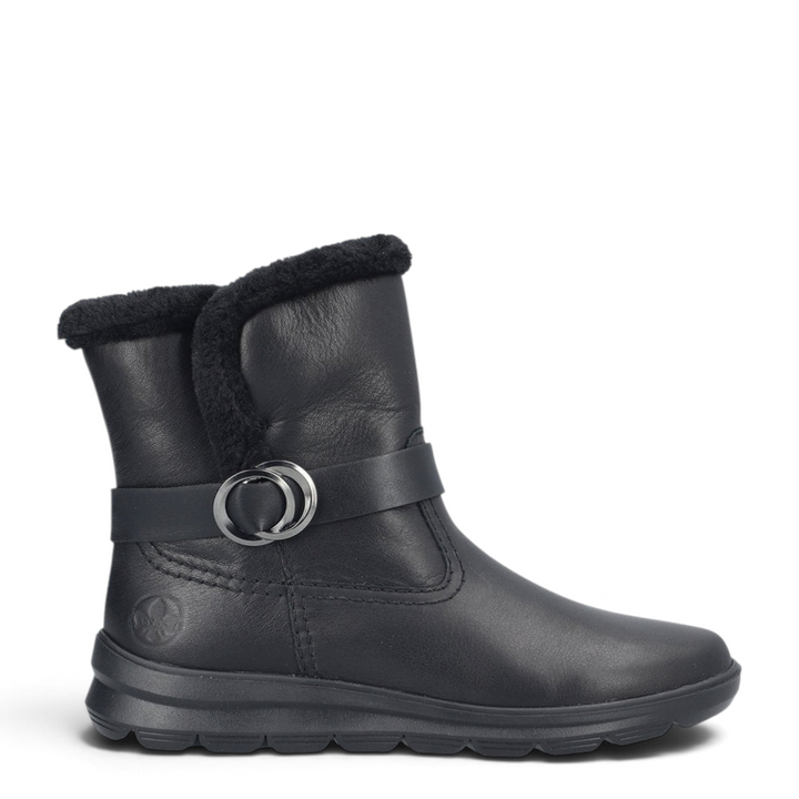 ada-shoes.ro Rieker black faux leather winter ankle boots with fur lining, side zipper, and decorative buckle strap