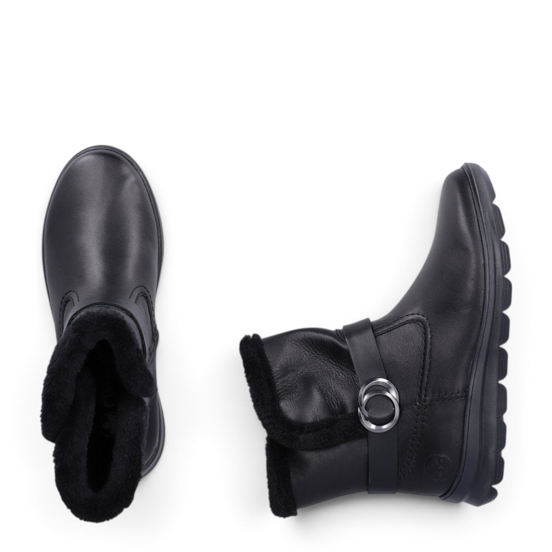 ada-shoes.ro Rieker black faux leather ankle boots with warm faux fur lining, side buckle detail, and anti-stress sole