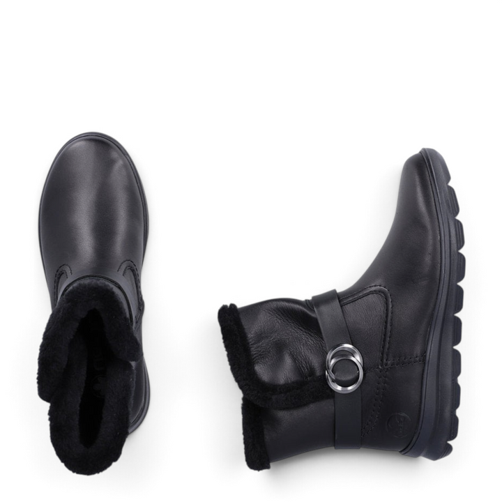 ada-shoes.ro Rieker black faux leather ankle boots with warm faux fur lining, side buckle detail, and anti-stress sole