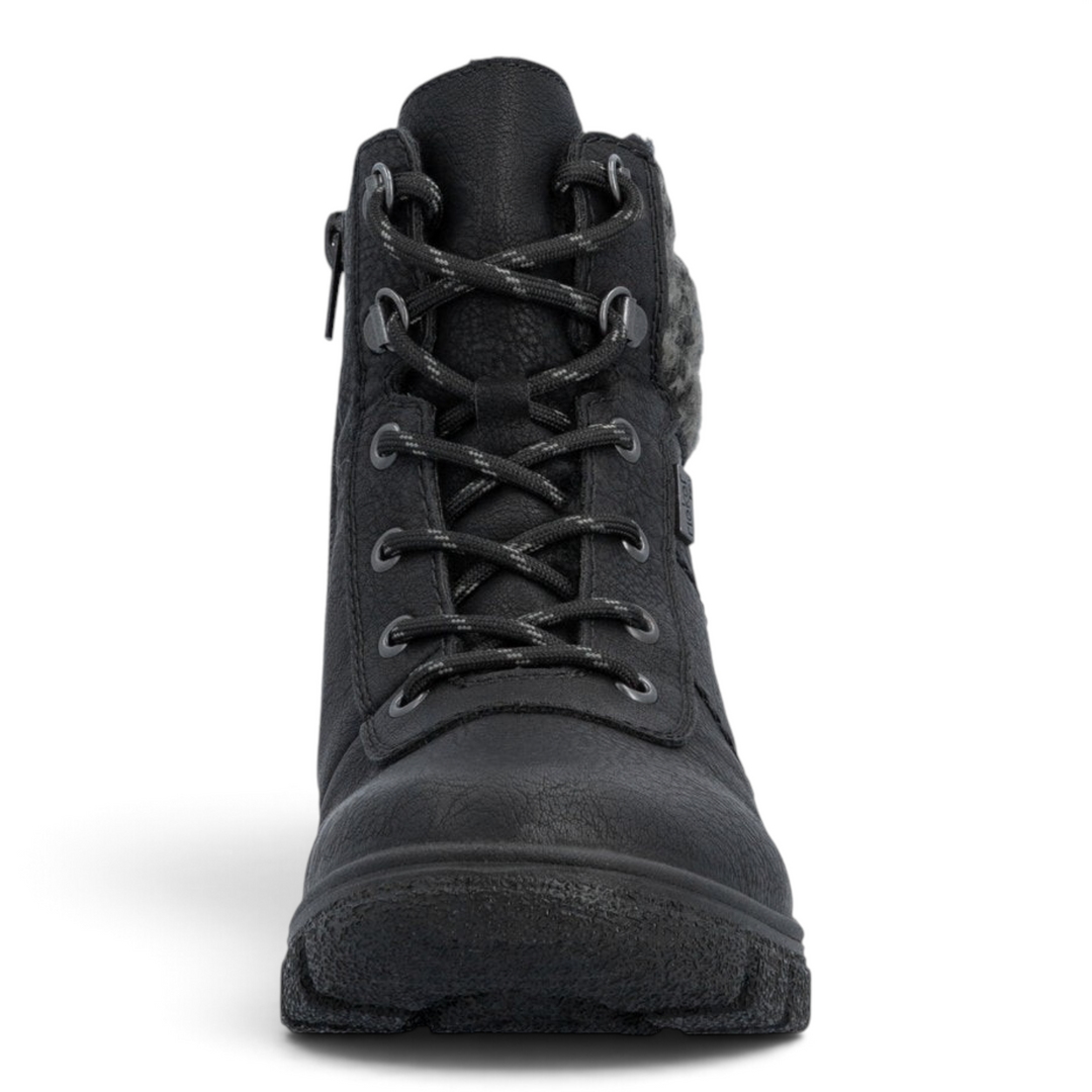 ada-shoes.ro Rieker Z7220-01 black winter boots with riekerTEX membrane, lace-up front, and grey knitted ankle collar.