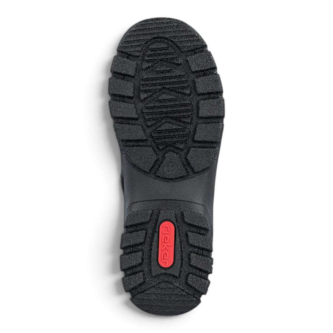 ada-shoes.ro Rieker Z7220-01 winter boot sole with deep tread pattern for traction and red brand logo detail