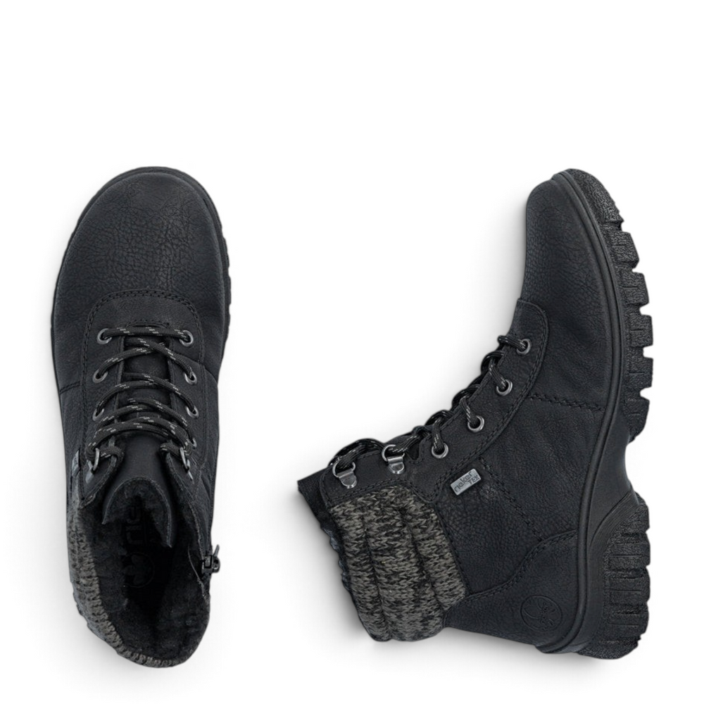 ada-shoes.ro Rieker black winter boots with riekerTEX membrane, knit collar, side zipper, and lug sole for women.
