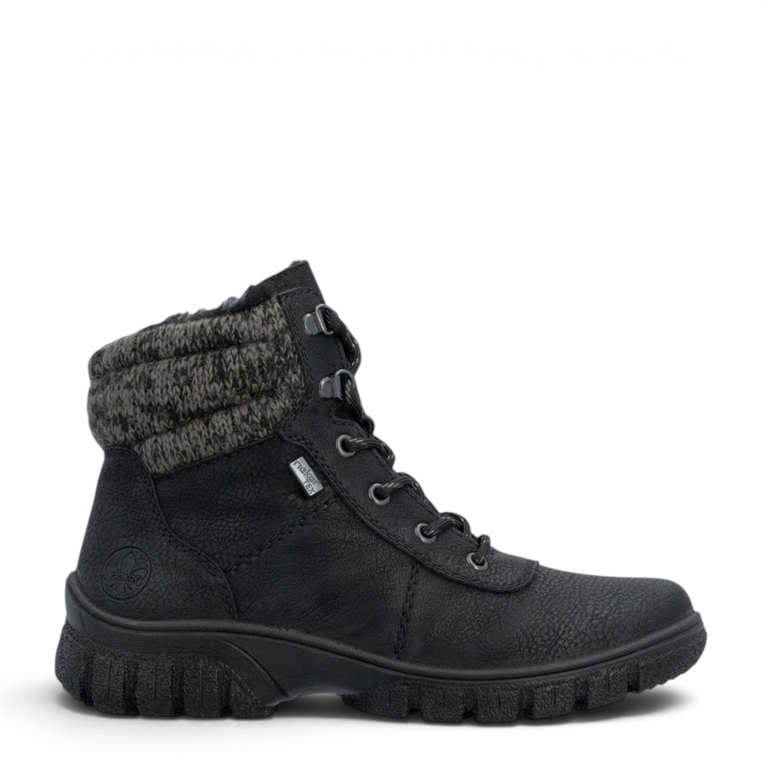 ada-shoes.ro Rieker black winter boots with riekerTEX membrane, grey knitted collar, laces, and side zipper.