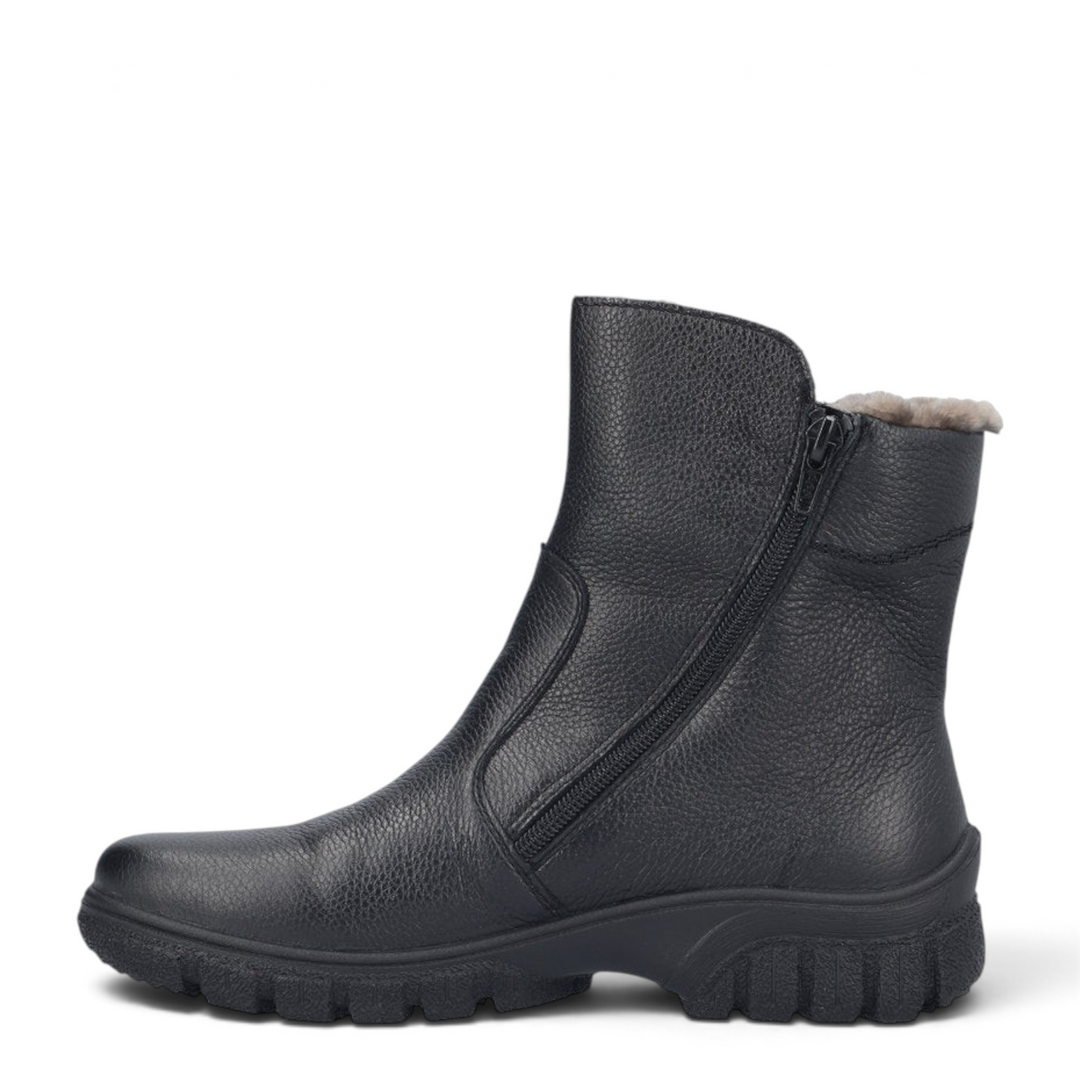 ada-shoes.ro black Rieker leather ankle boots with side zipper, warm lining, and RiekerTEX water-resistant technology.