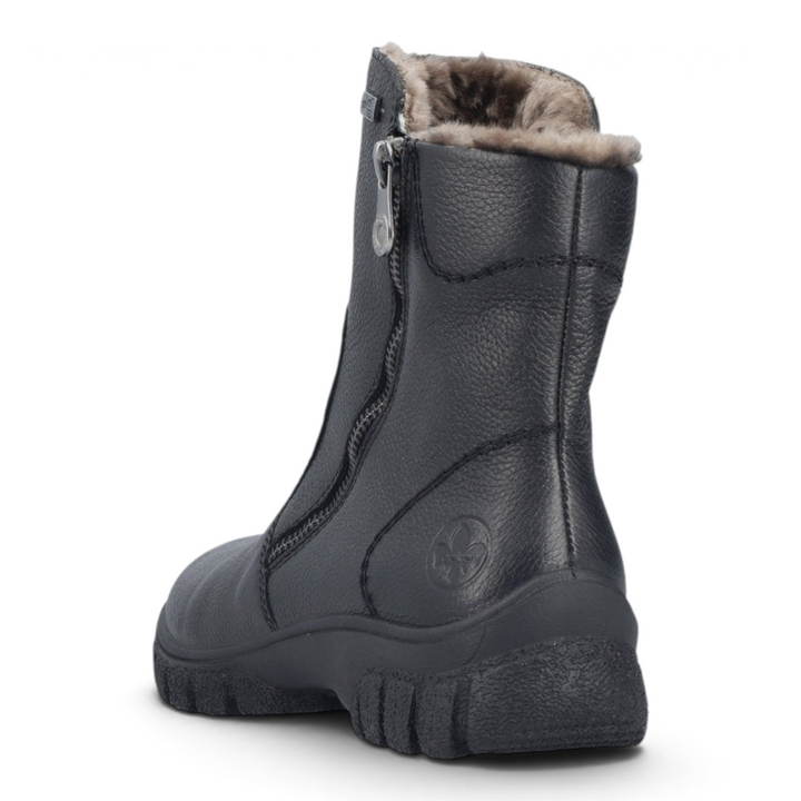 ada-shoes.ro Rieker black leather casual ankle boots with warm fur lining, side zipper, and RIRICON platform sole