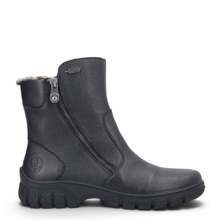 ada-shoes.ro Rieker black leather casual ankle boots with side zipper, warm lining, and RiekerTEX water protection.