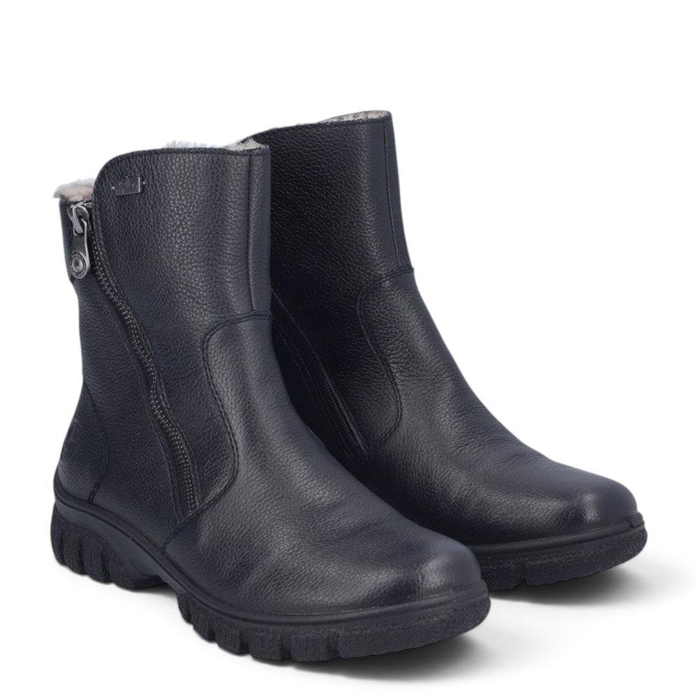 ada-shoes.ro black leather ankle boots with RiekerTEX technology, warm lining, and side zipper for casual wear.