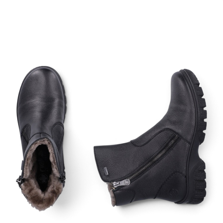ada-shoes.ro Rieker black leather casual ankle boots with warm fur lining, side zipper, and RiekerTEX waterproof tech.