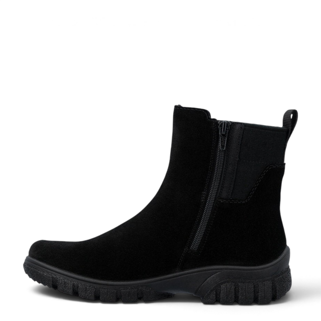ada-shoes.ro Rieker black suede Chelsea boots with RiekerTEX membrane, side zipper, and durable lug sole.