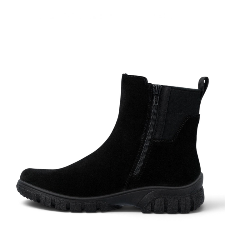ada-shoes.ro Rieker black suede Chelsea boots with RiekerTEX membrane, side zipper, and durable lug sole.