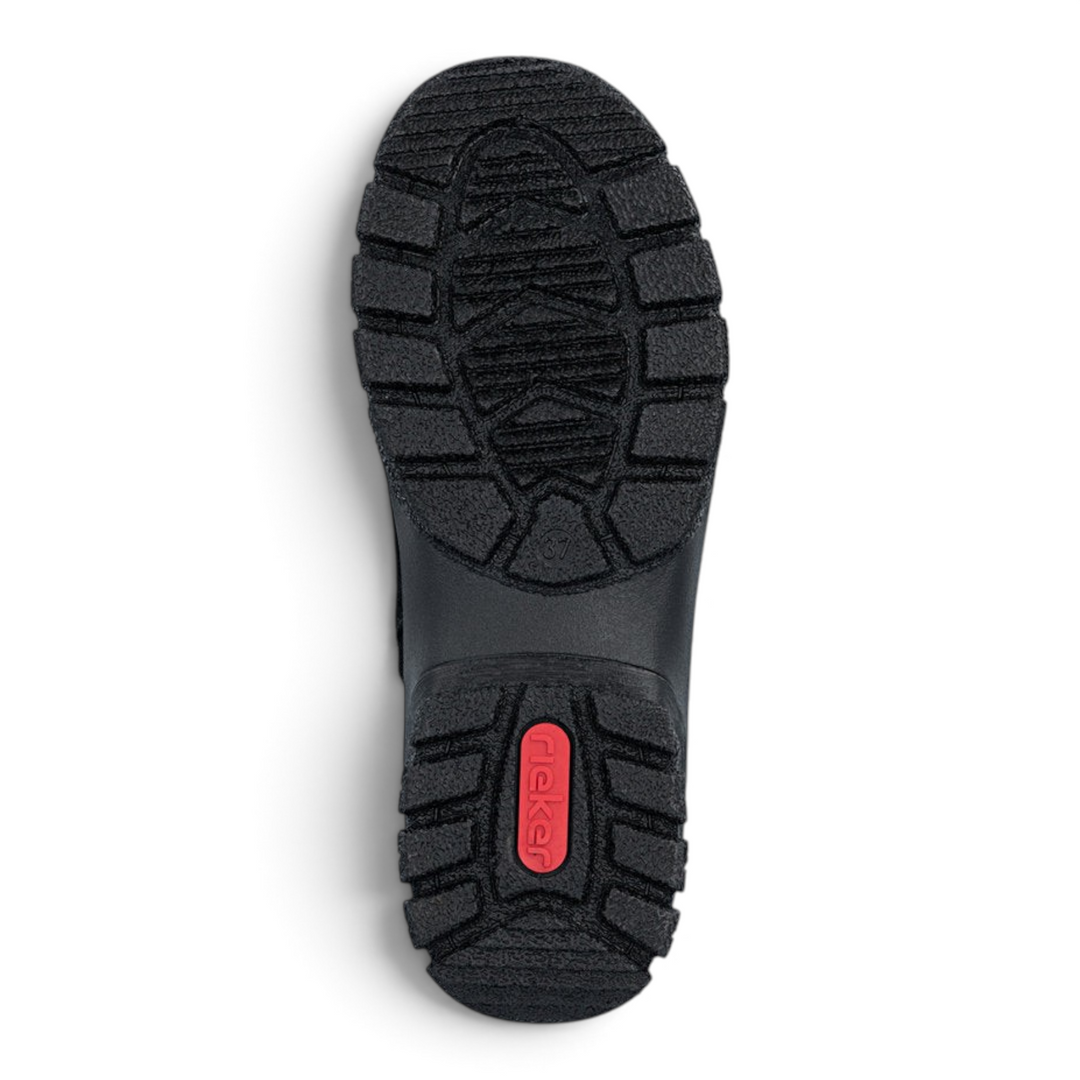 Black Rieker casual boot sole with tread pattern and red logo, available at ada-shoes.ro