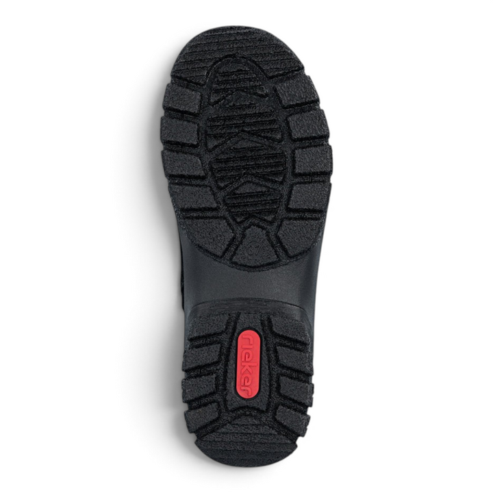 Black Rieker casual boot sole with tread pattern and red logo, available at ada-shoes.ro
