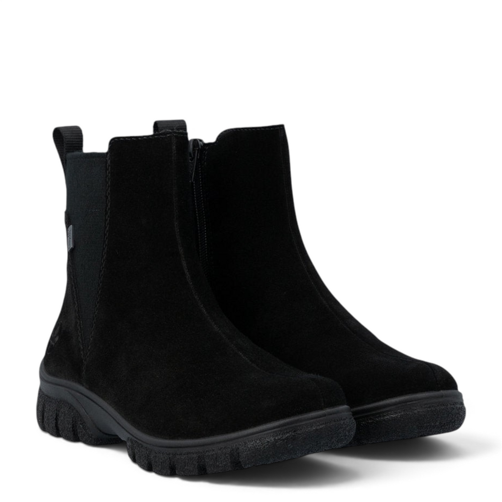 ada-shoes.ro black suede Chelsea boots with RiekerTEX membrane, side zipper, and durable lug sole for winter.