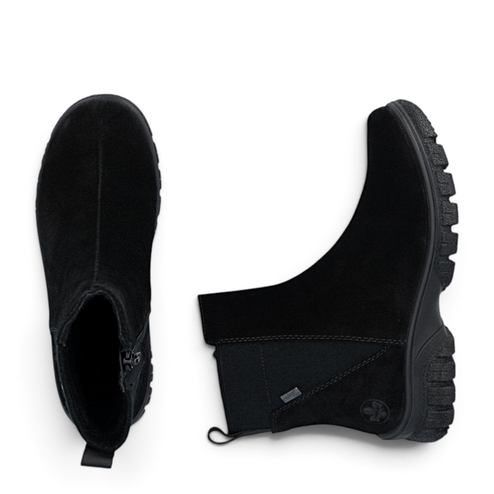 ada-shoes.ro Rieker black suede Chelsea boots with RiekerTEX membrane, side zipper, and durable lug sole.