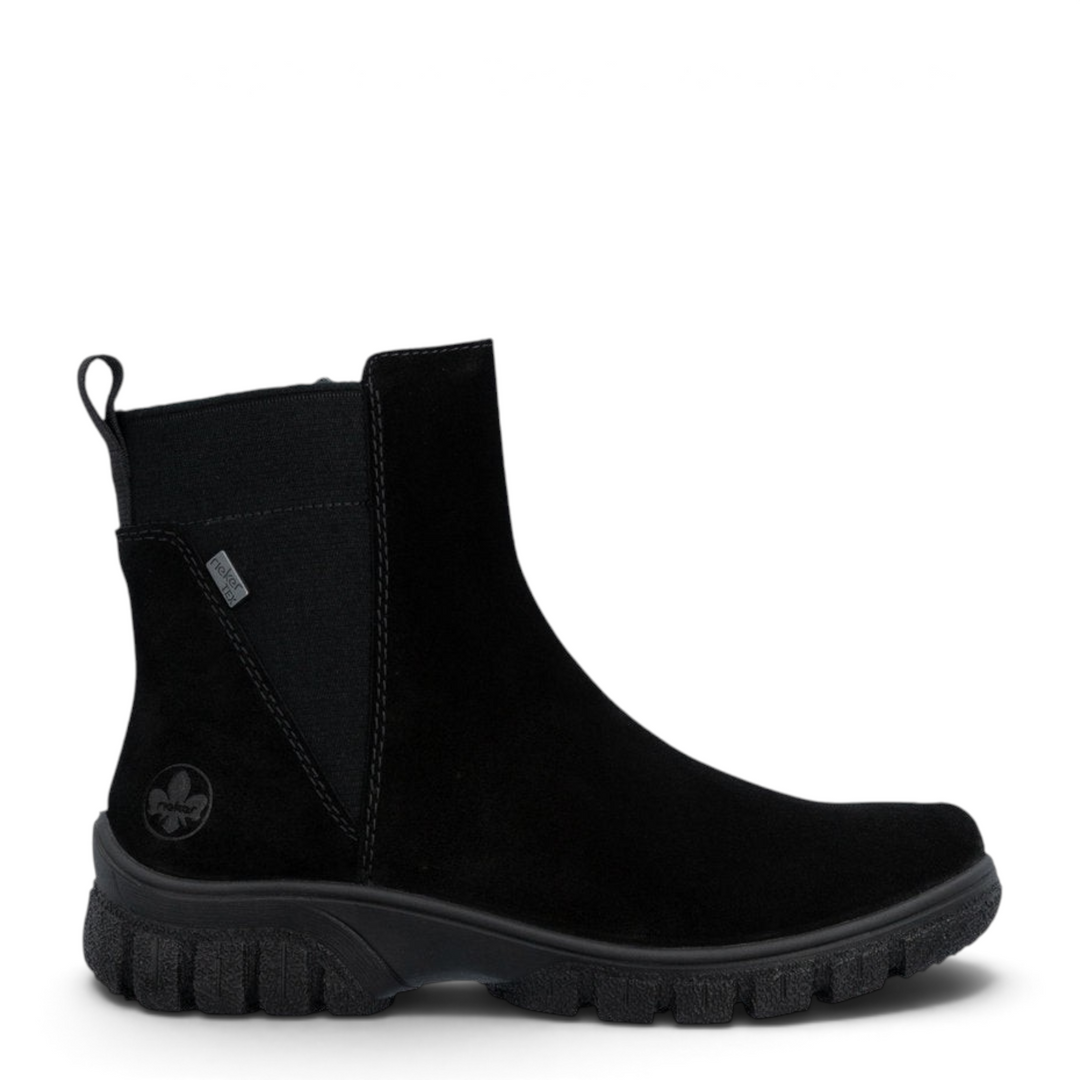 ada-shoes.ro Rieker black suede Chelsea boots with RiekerTEX membrane and durable lug sole for winter comfort.