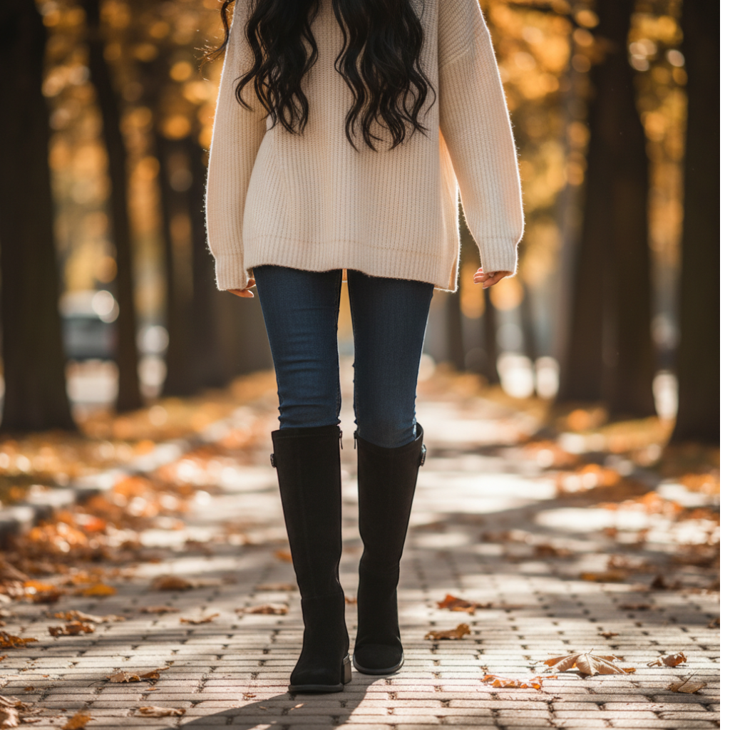 ada-shoes.ro FEELING black suede knee-high boots with stretch panels and decorative ankle buckle worn in autumn park