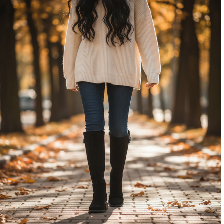 ada-shoes.ro FEELING black suede knee-high boots with stretch panels and decorative ankle buckle worn in autumn park