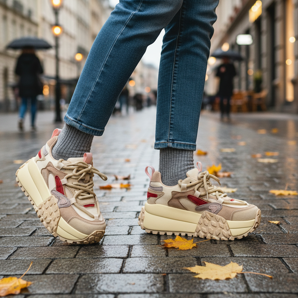 ada-shoes.ro Franco Gerardo chunky sneakers in cream suede and textile with red accents worn on a city street