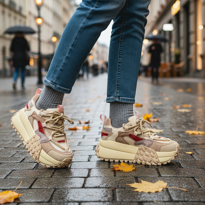 ada-shoes.ro Franco Gerardo chunky sneakers in cream suede and textile with red accents worn on a city street