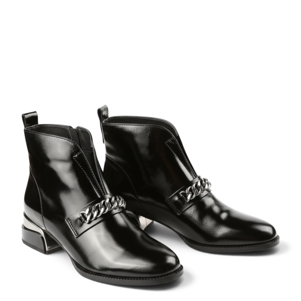 ada-shoes.ro EPICA black patent leather ankle boots with chain detail and low block heel