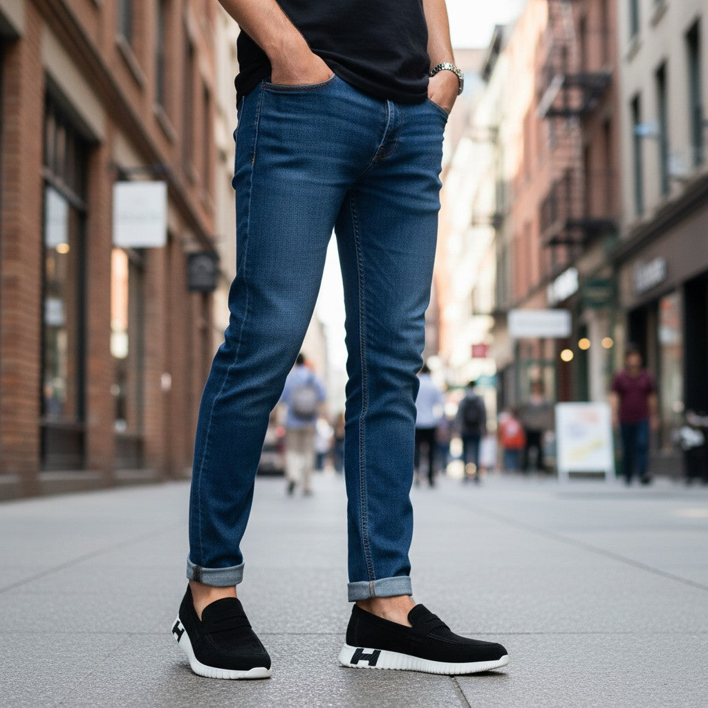 ADA SHOES black suede penny loafers for men with white soles and a modern design. Comfortable for daily wear.