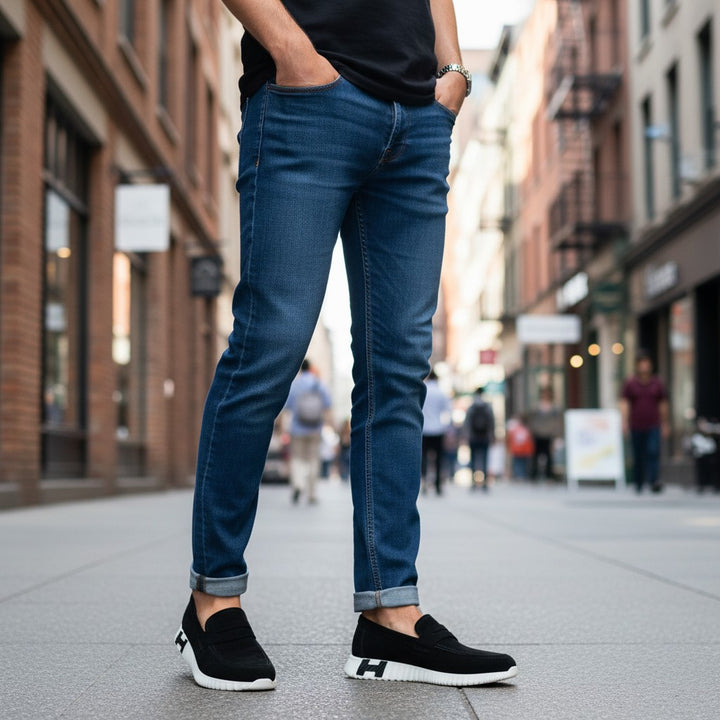 ADA SHOES black suede penny loafers for men with white soles and a modern design. Comfortable for daily wear.