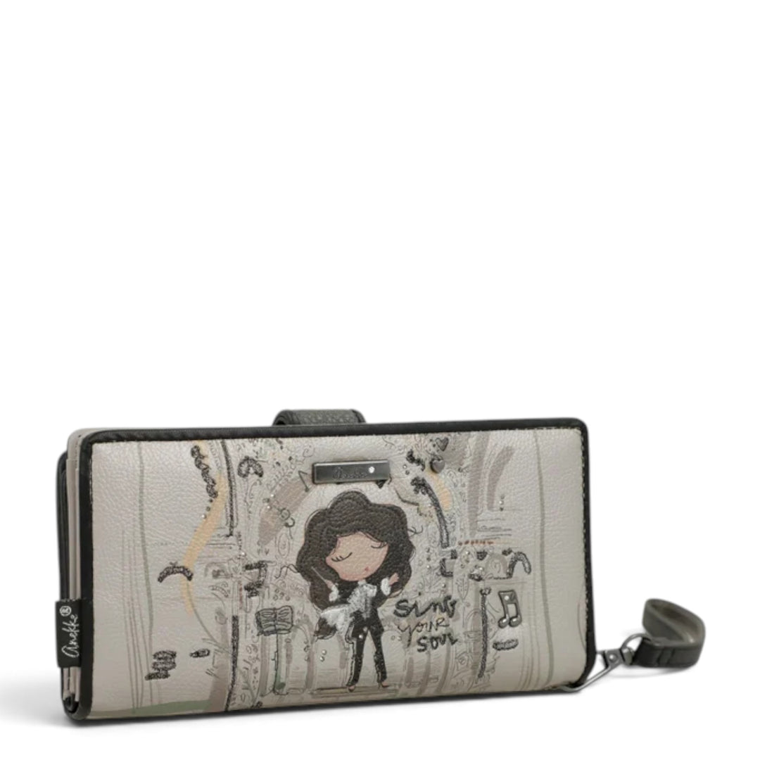 ada-shoes.ro Anekke casual wallet with artistic music-themed print, featuring a wrist strap and secure zip closure.