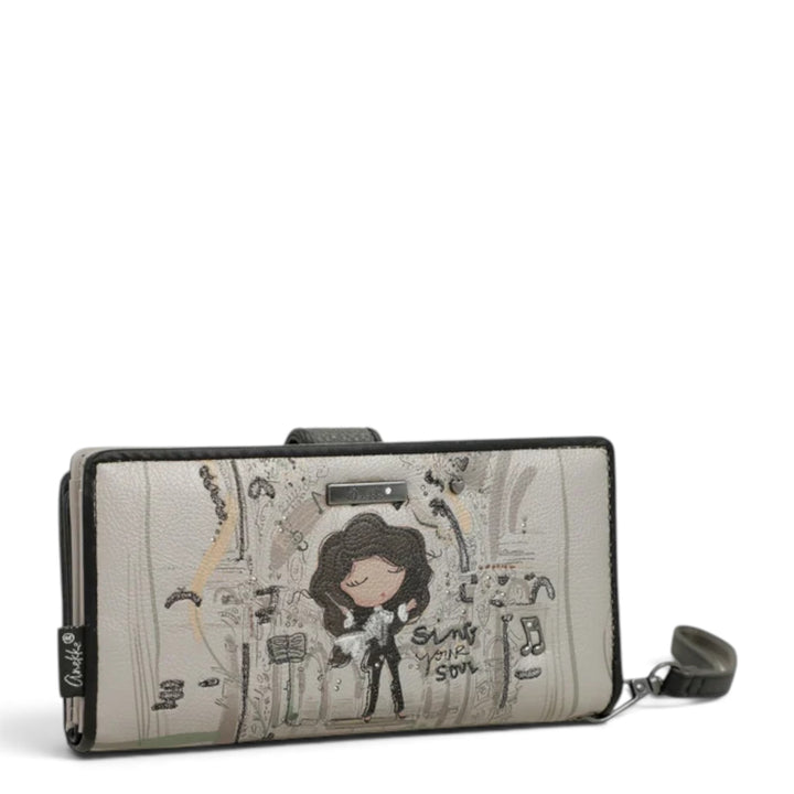 ada-shoes.ro Anekke casual wallet with artistic music-themed print, featuring a wrist strap and secure zip closure.