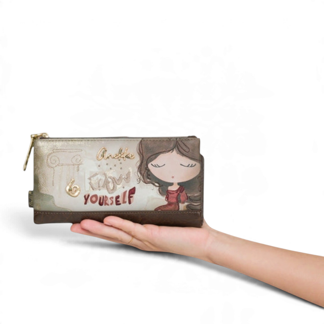 ada-shoes.ro Anekke beige faux leather casual wallet with artistic illustration held in a hand