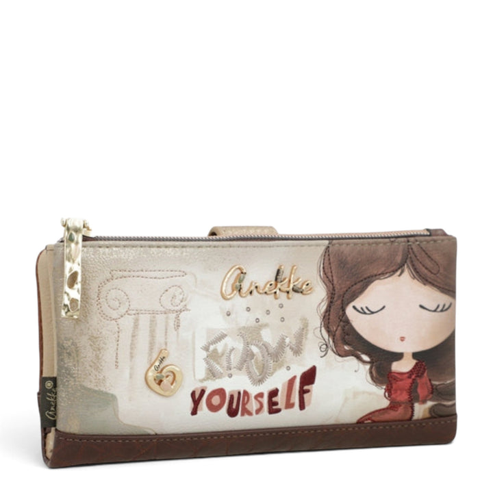 ada-shoes.ro Anekke beige faux leather casual wallet with illustrated girl design and secure zipper closure