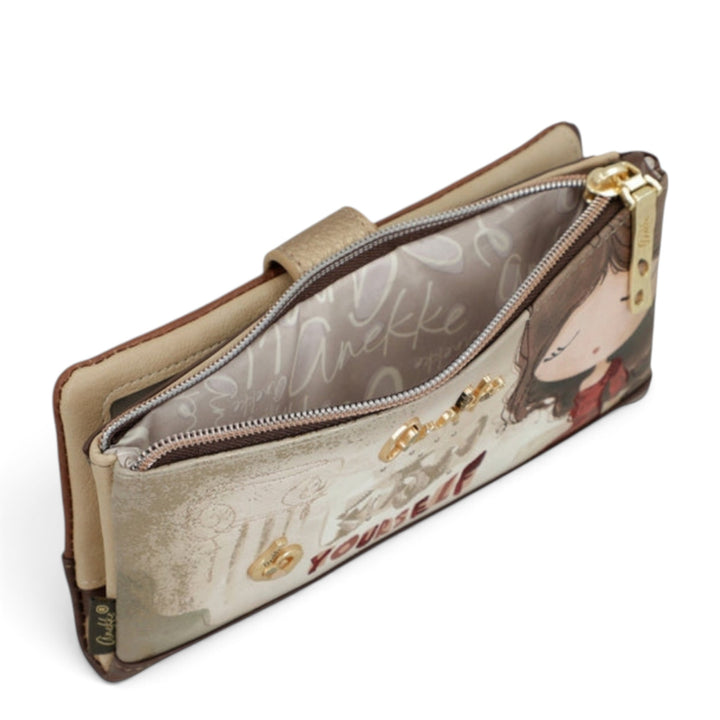 ada-shoes.ro Anekke beige faux leather casual wallet with illustrated design, zipper closure, and internal pockets.
