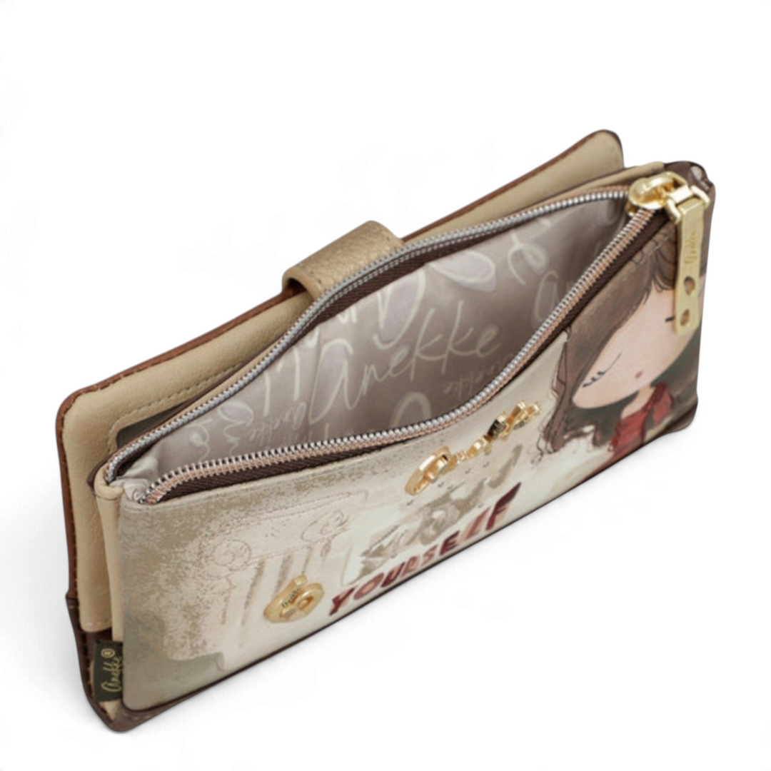 ada-shoes.ro Anekke beige faux leather casual wallet with illustrated design, zipper closure, and internal pockets.