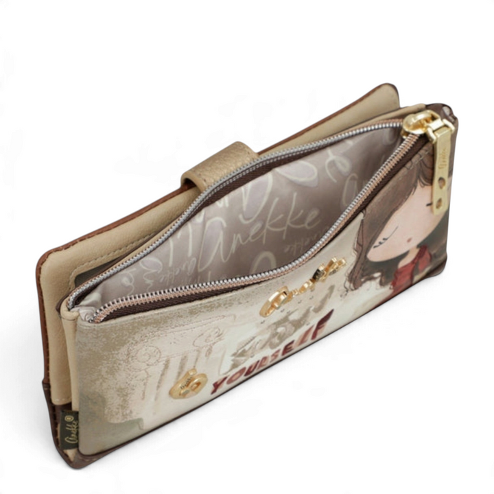 ada-shoes.ro Anekke beige faux leather casual wallet with illustrated design, zipper closure, and internal pockets.