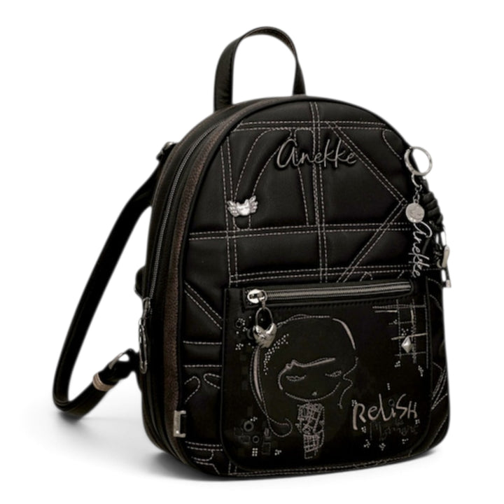 ada-shoes.ro Anekke casual black backpack with white graphic stitching, front zip pocket, and decorative charms.