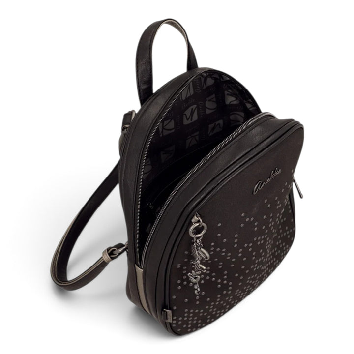 ada-shoes.ro Anekke black casual backpack with metallic stud details, heart charms, and adjustable shoulder straps.