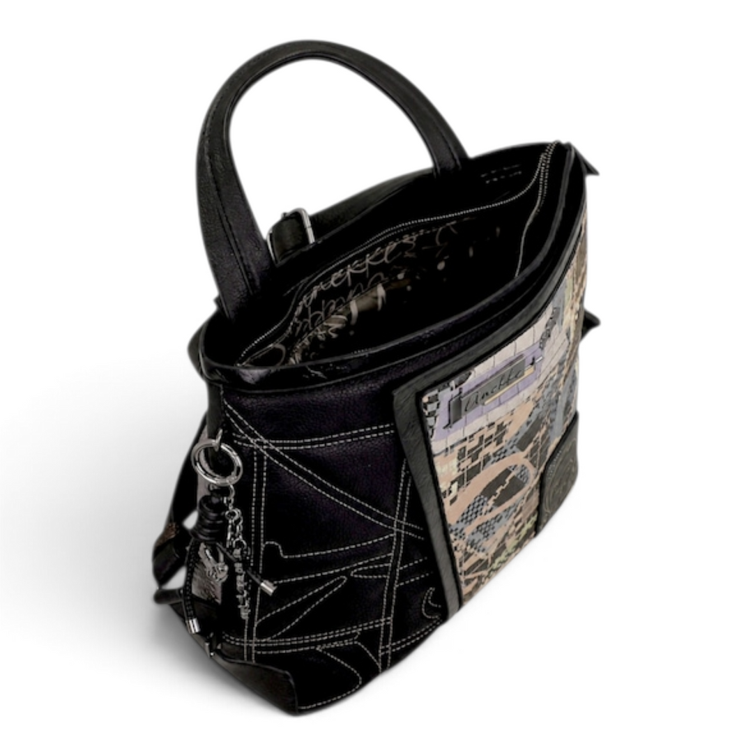 ada-shoes.ro Anekke black casual backpack with metallic details, heart charms, and patterned front panel.